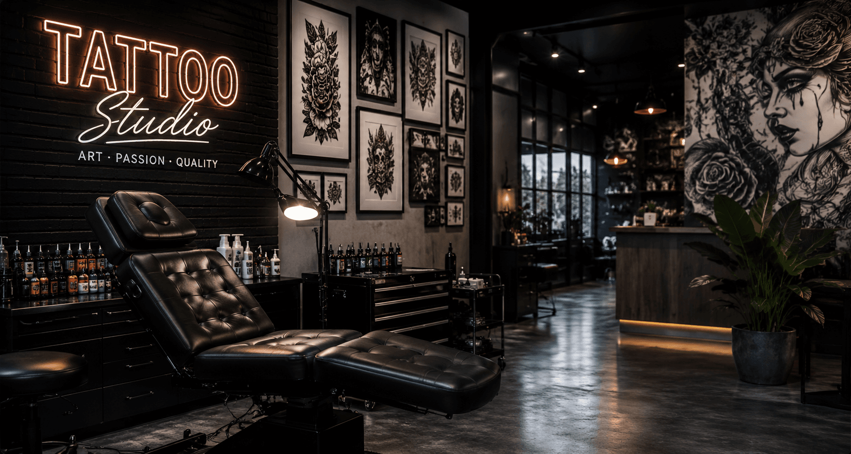 Moderne Tattoo Studio Webseite in dunklem Design